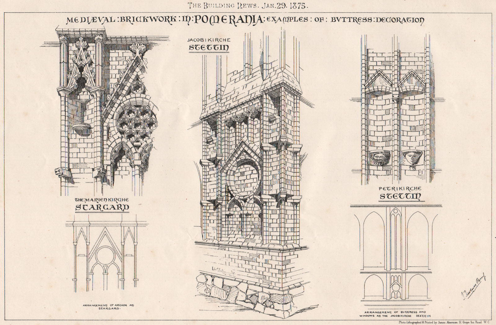 Mediaeval brickwork in Pomerania; examples of buttress decoration. Germany 1875
